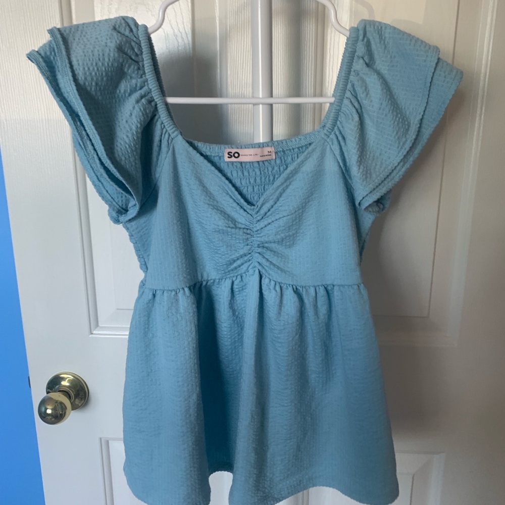 SO Green Puff Sleeve Ruched Blouse